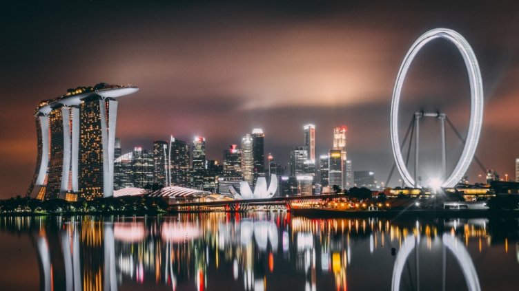 Night view of real estate office buildings in a smart city