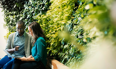 Office workers having a discussion in modern and sustainable office 