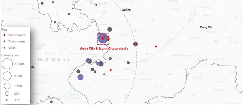 Map showing Aqua city and Izumi city projects