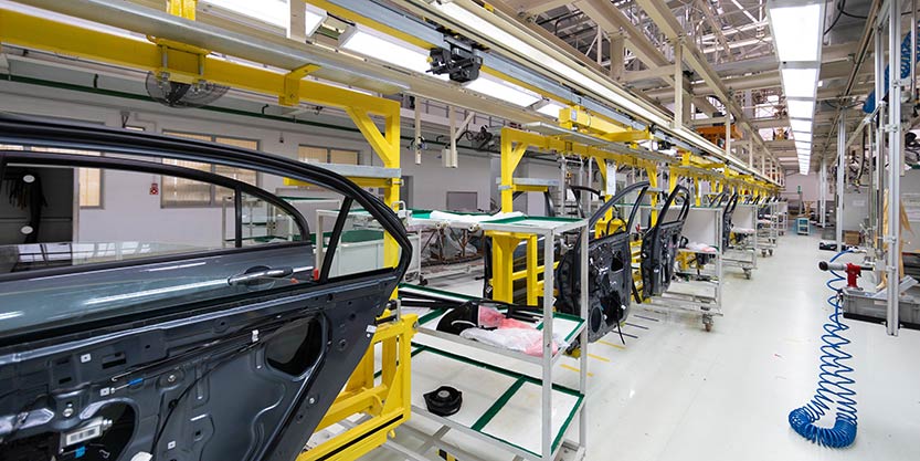 Automated car Assembly line. Assembly of car door. plant of automotive industry. Line of car body