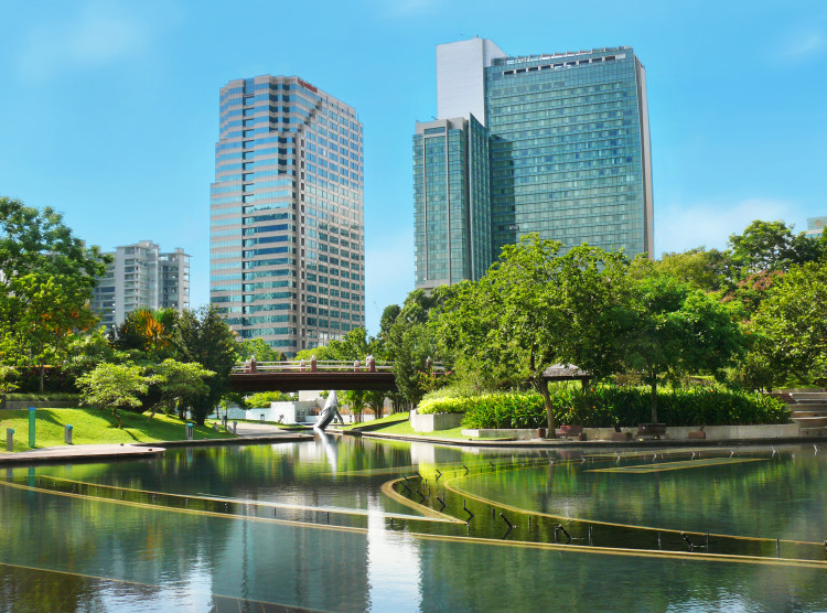 City gardens with skyscrapers