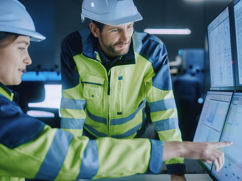 Male and female facilities managers in PPE analyzing smart building data on a bank of computer monitors