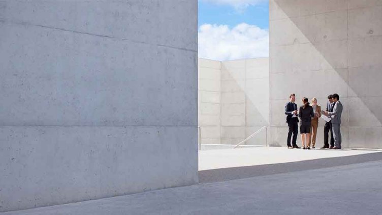 Group of professionals in meeting outside of building