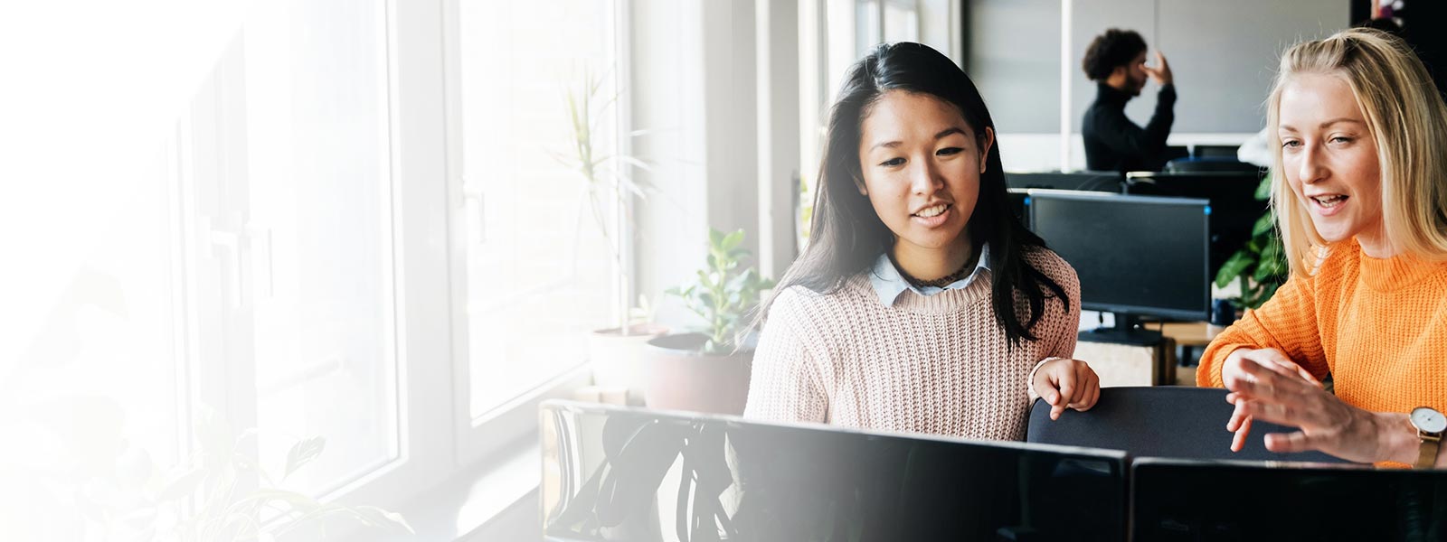 Two women viewing desktop monitors